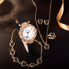 Stylish Rhinestone Studded Quartz Watch & Kids Heart Jewelry Set