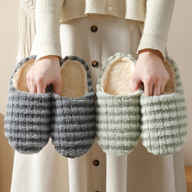 Women's Plush Striped House Slippers Anti-slip Soft Sole