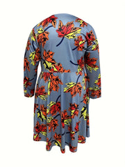 Maple Leaf Print Zipper Round Neck Dress