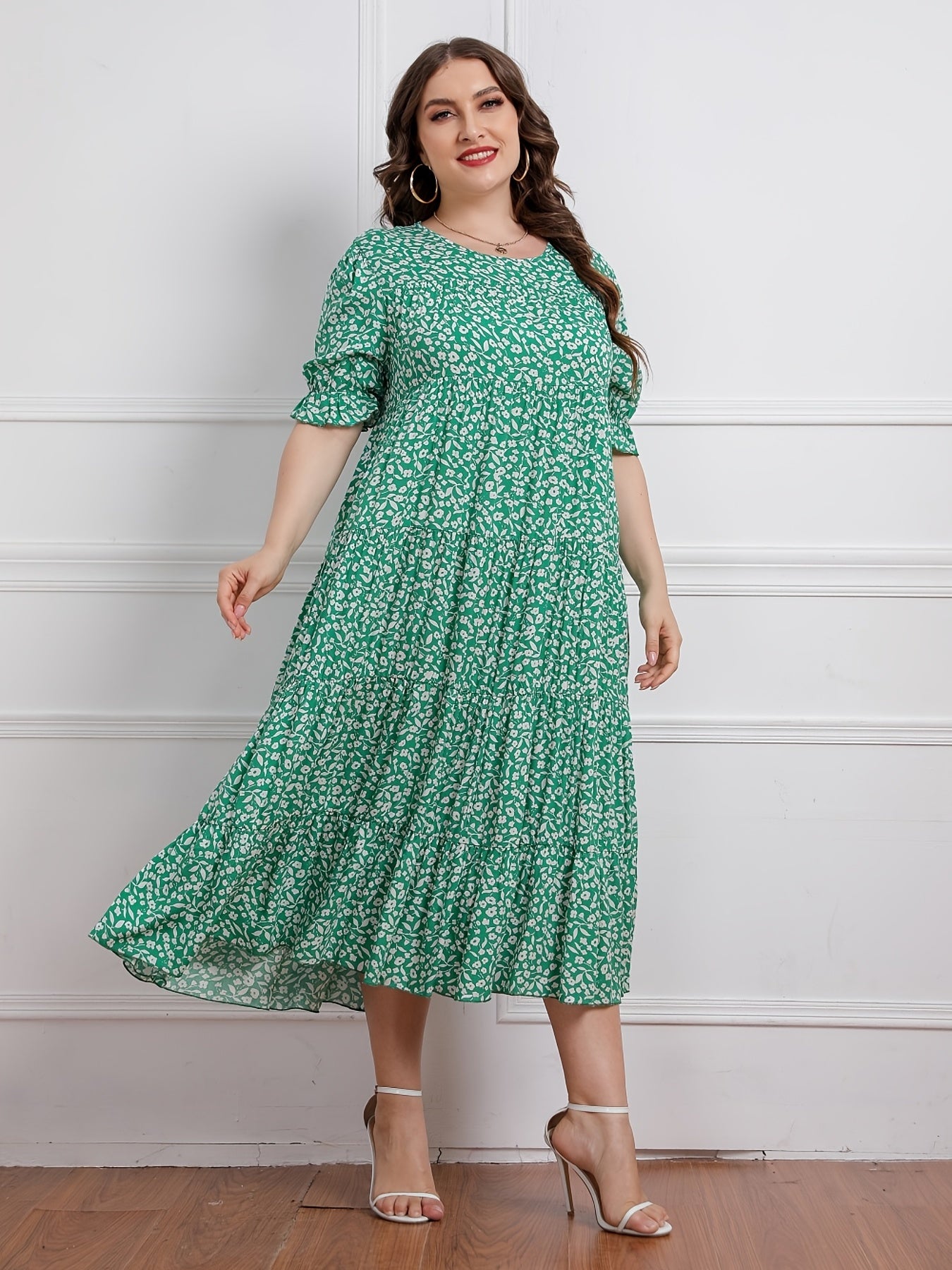 Floral Print Plus Size Maxi Dress Round Neck Long Dress