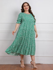Floral Print Plus Size Maxi Dress Round Neck Long Dress