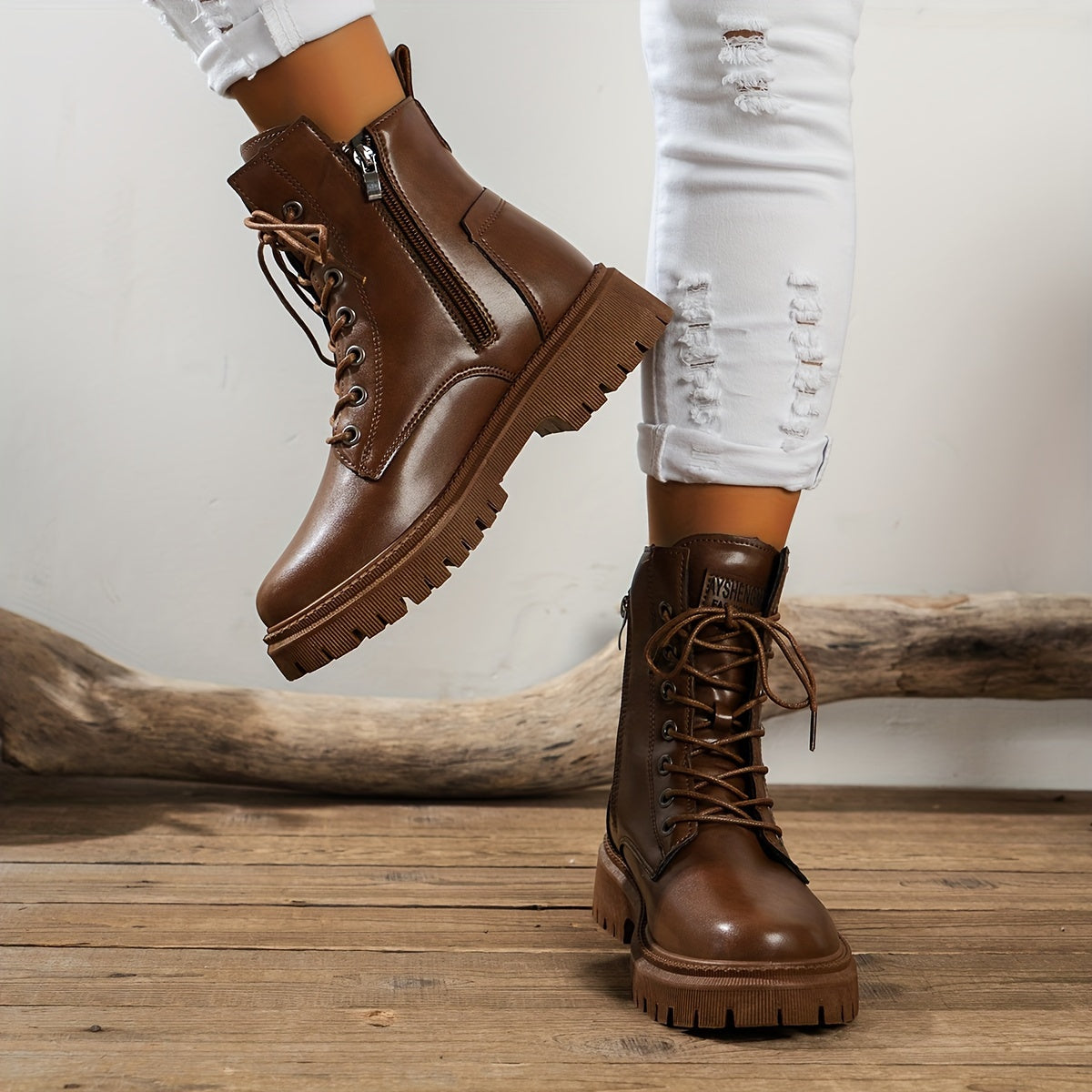 Women's Faux Leather Flat Ankle Boots Waterproof Walking Boots