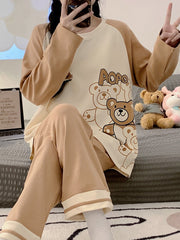 Bear Print Pajama Set Long Sleeve Crew Neck Top & Pants