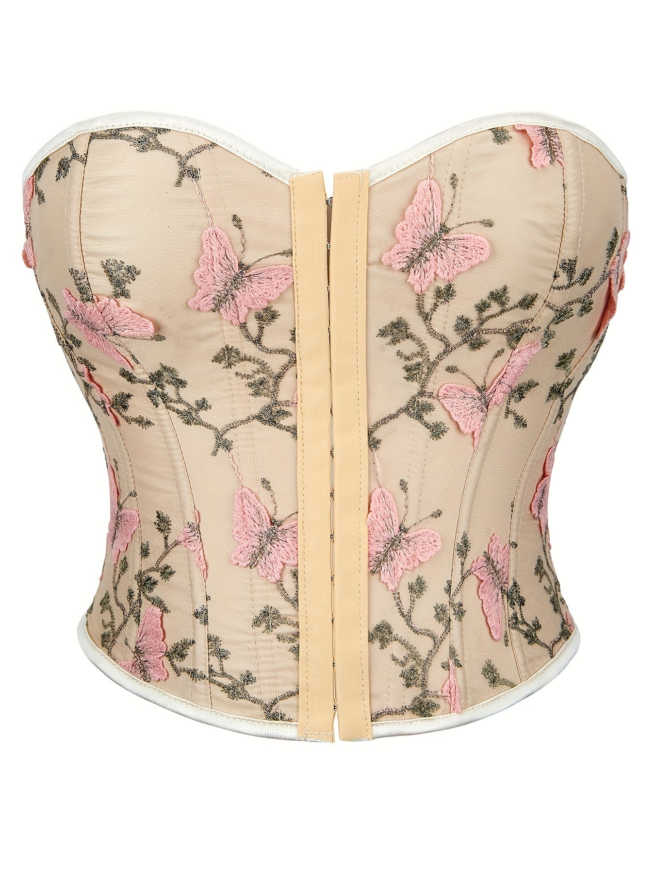 Butterfly Embroidery Strapless Corset Tummy Control Lace Up Push Up Body Shaper