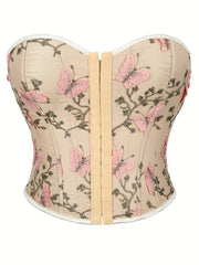 Butterfly Embroidery Strapless Corset Tummy Control Lace Up Push Up Body Shaper