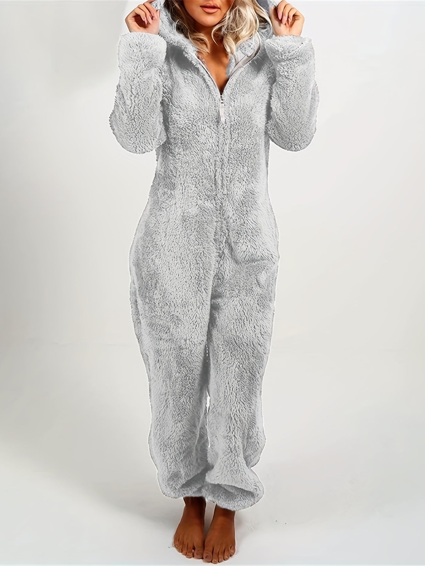 Cozy Hooded Lounge Jumpsuit Zipper Long Sleeve