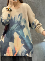 Women's Leaf Print Long Sleeve Sweater