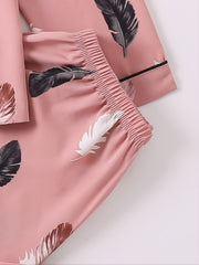 Feather Print Pajamas Set Cardigan Top & Pants Loungewear
