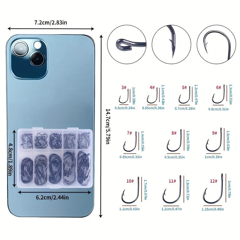 100pcs High Carbon Steel Barbed Fish Hooks Set with Hole in Tackle Box