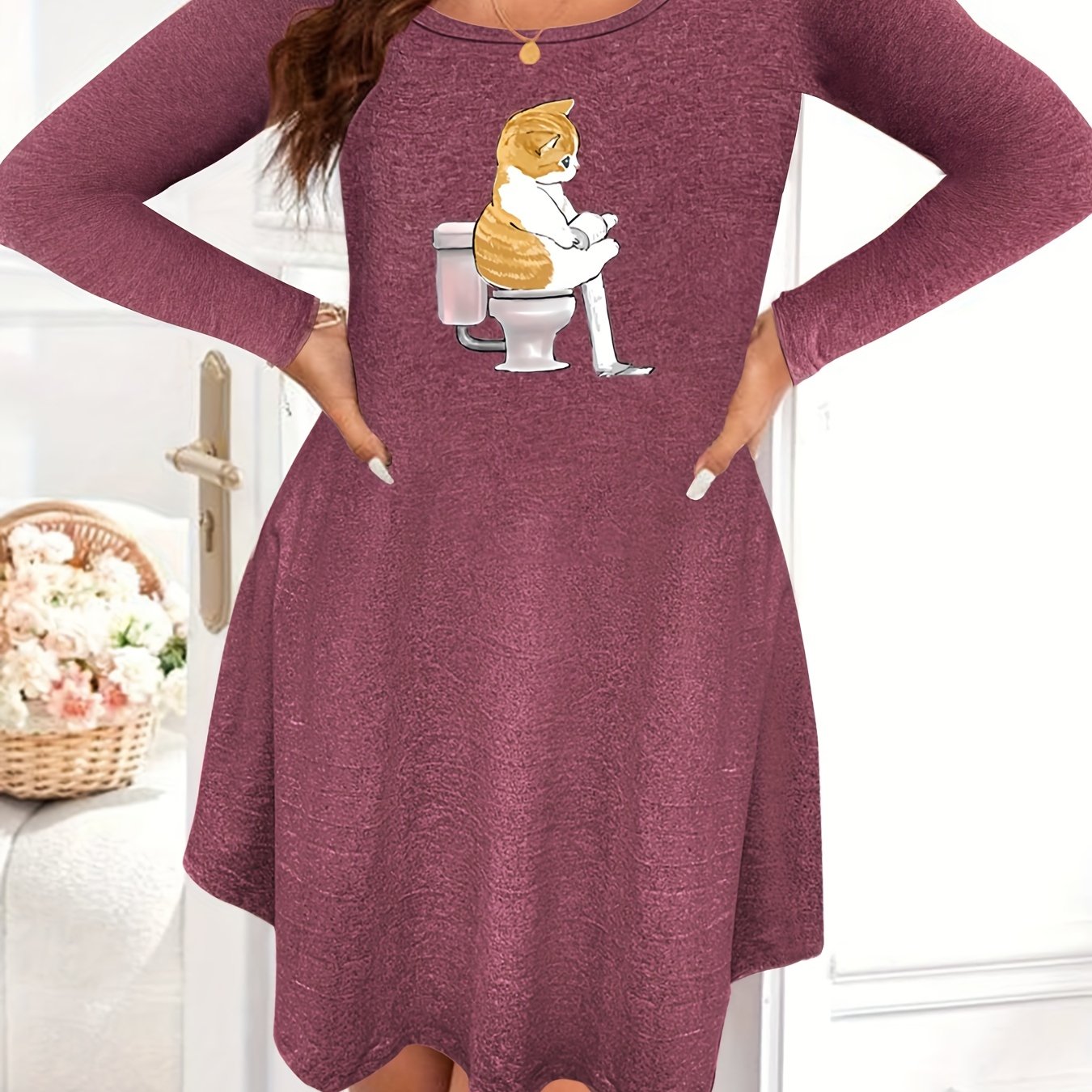 Cat Print Long Sleeve Sleep Dress