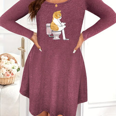 Cat Print Long Sleeve Sleep Dress