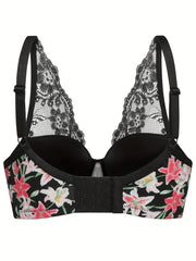 Sexy Bra Women's Plus Floral Print Lace Underwire Molded Cup Bra