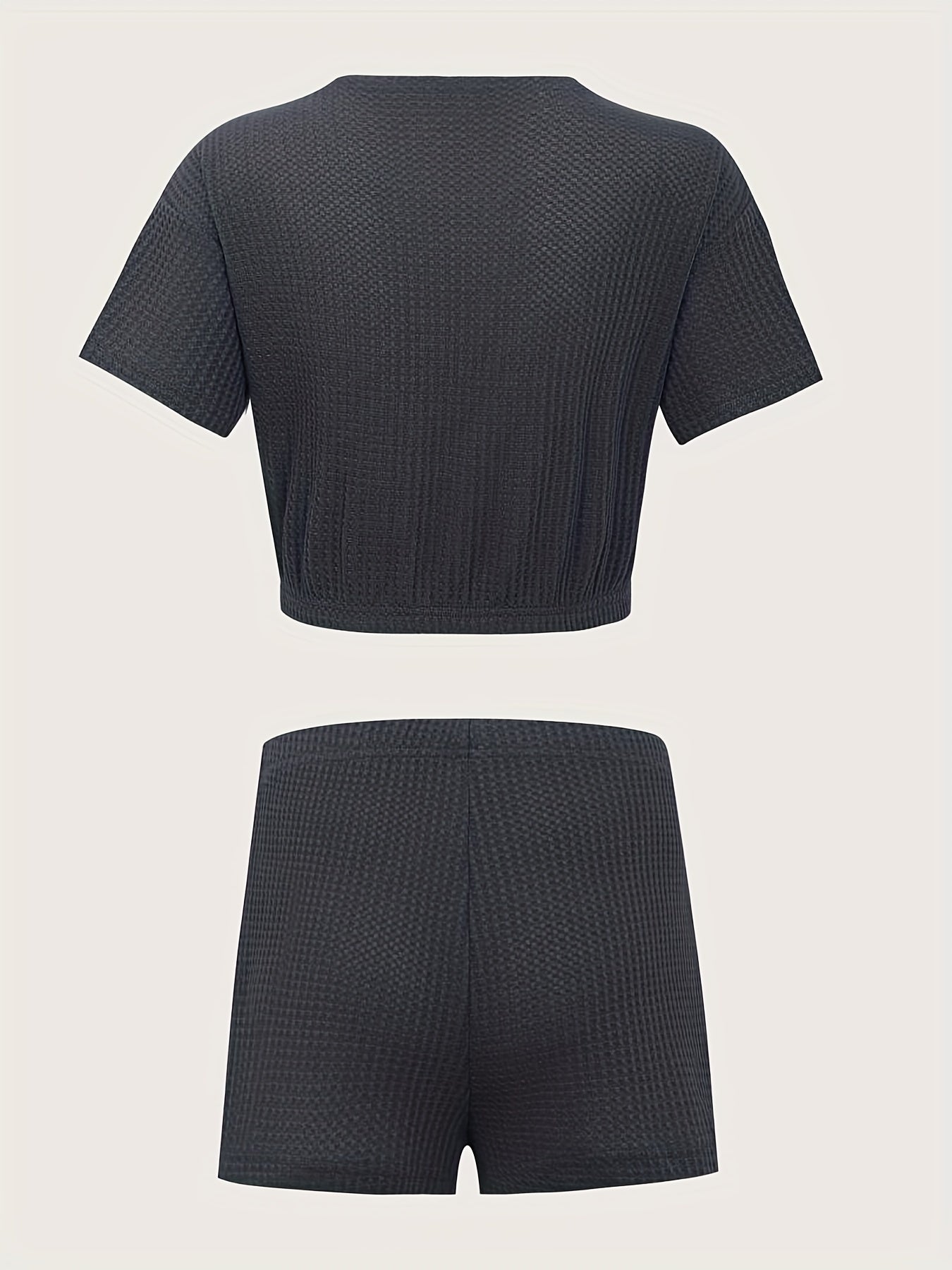 Waffle Casual Two piece Set Short Sleeve Crop Top & Drawstring Shorts