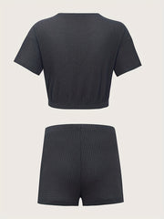 Waffle Casual Two piece Set Short Sleeve Crop Top & Drawstring Shorts