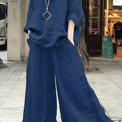 Casual Outfits Set Women's Plus Solid Top & Wide Leg Pants