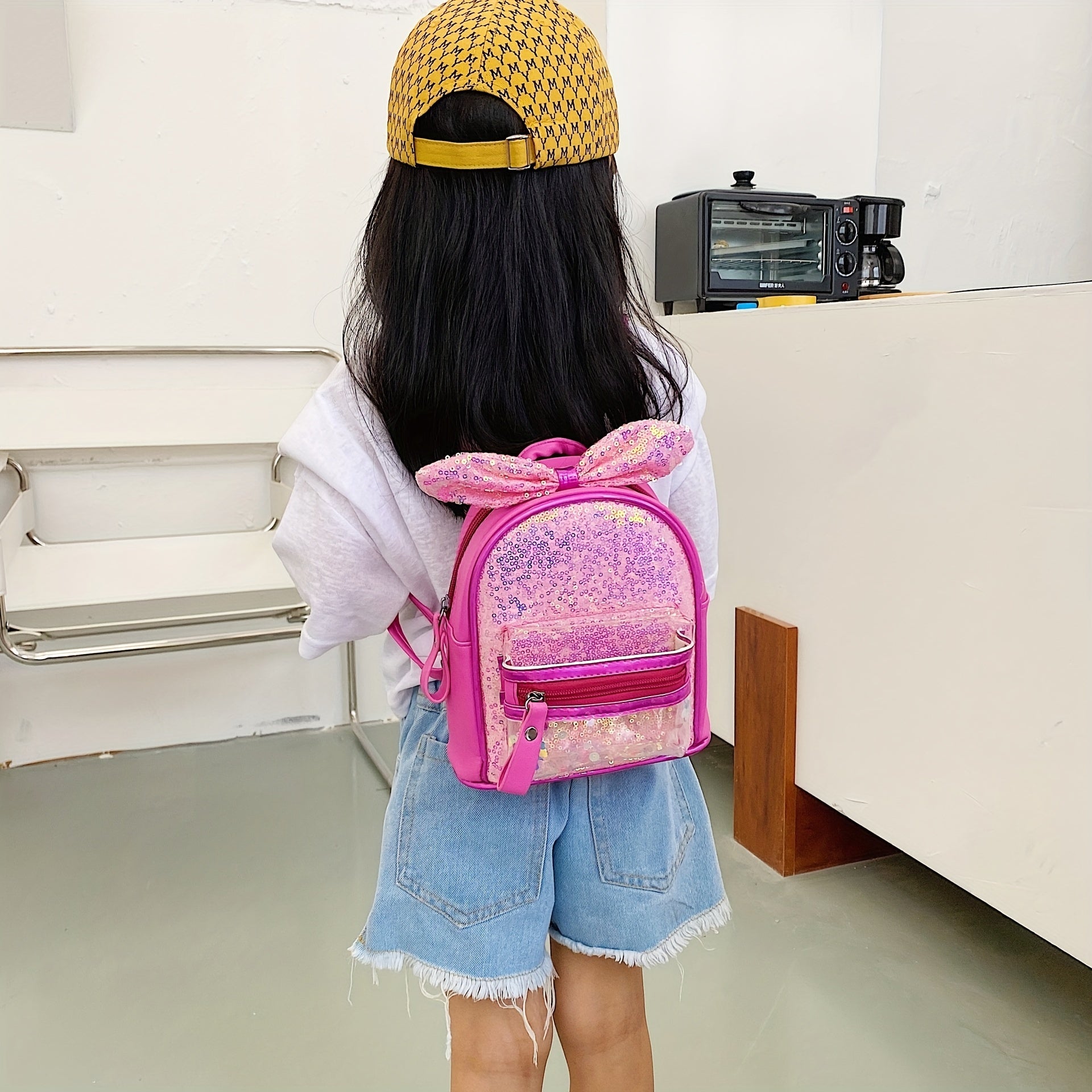 Girls Sequin Rabbit Ears Backpack PU Leather Schoolbag