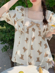 Teddy Bear Print Pajama Set Lace Trim Half Sleeve Top & Shorts