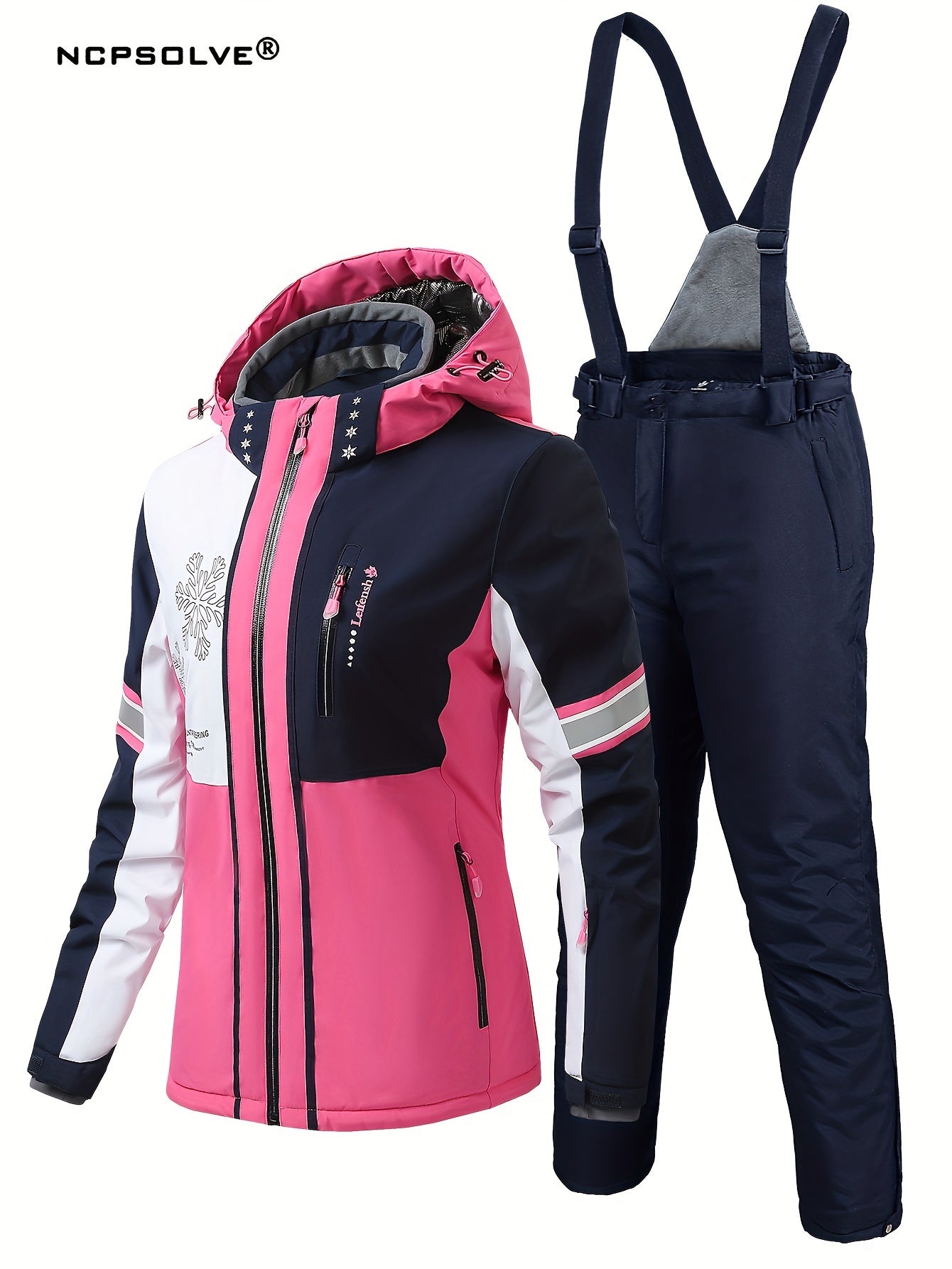 Snowflake Print Ski Set Long Sleeve Hooded Jacket & Suspender Trouser