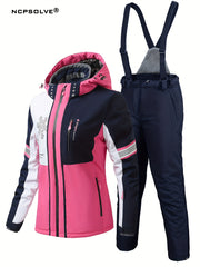 Snowflake Print Ski Set Long Sleeve Hooded Jacket & Suspender Trouser