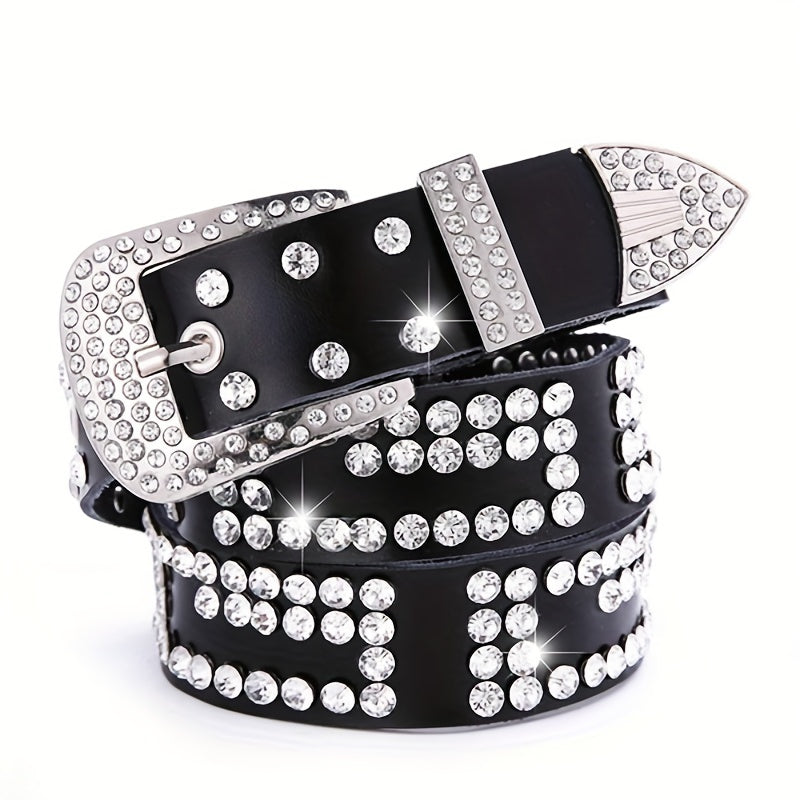 Rhinestone Decor Leather Belt Sparkling Waistband Hip Hop Cowboy Cowgirl Belts