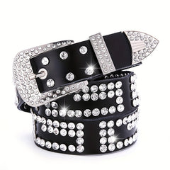 Rhinestone Decor Leather Belt Sparkling Waistband Hip Hop Cowboy Cowgirl Belts
