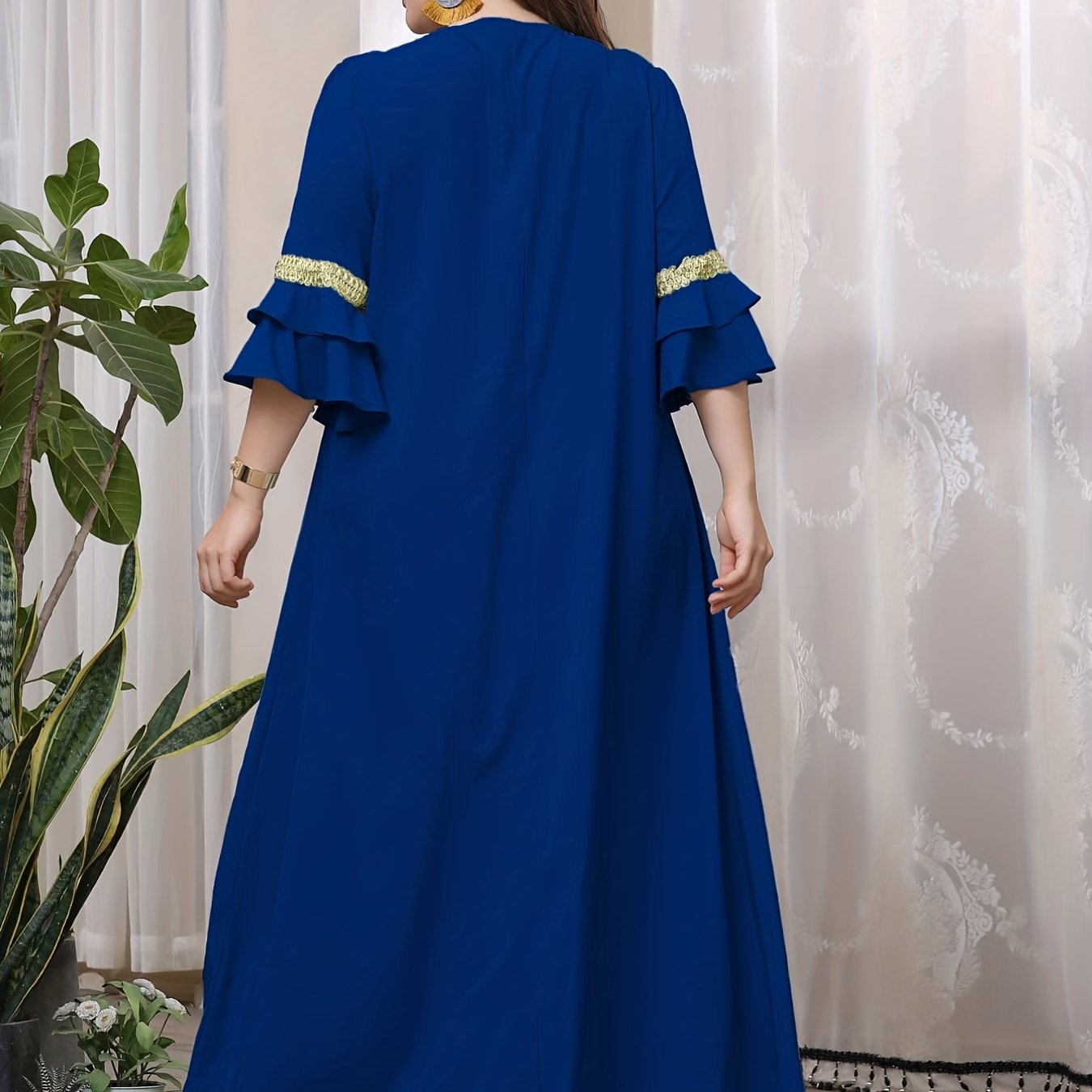 Sequin Decor Layered Sleeve V Neck Maxi Dress