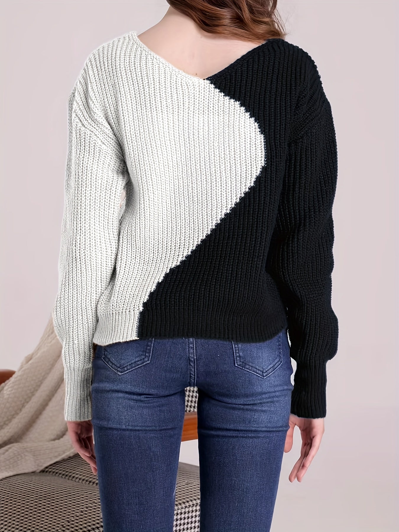 Drop Shoulder V-Neck Sweater Long Sleeve Casual