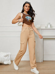 Apricot High Waist Straight Jeans Flap Pockets High Rise Loose Fit Wide Leg