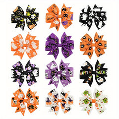 12pcs Halloween Bow Hair Clips Pumpkin Bat Print Hair Accessories For Baby Girls