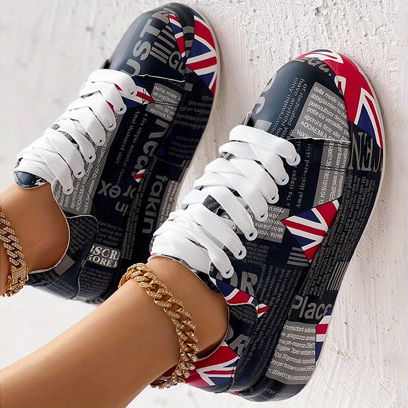 Women's Letter & Flag Print Sneakers Low Lace Up Flatform Shoes