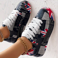 Women's Letter & Flag Print Sneakers Low Lace Up Flatform Shoes