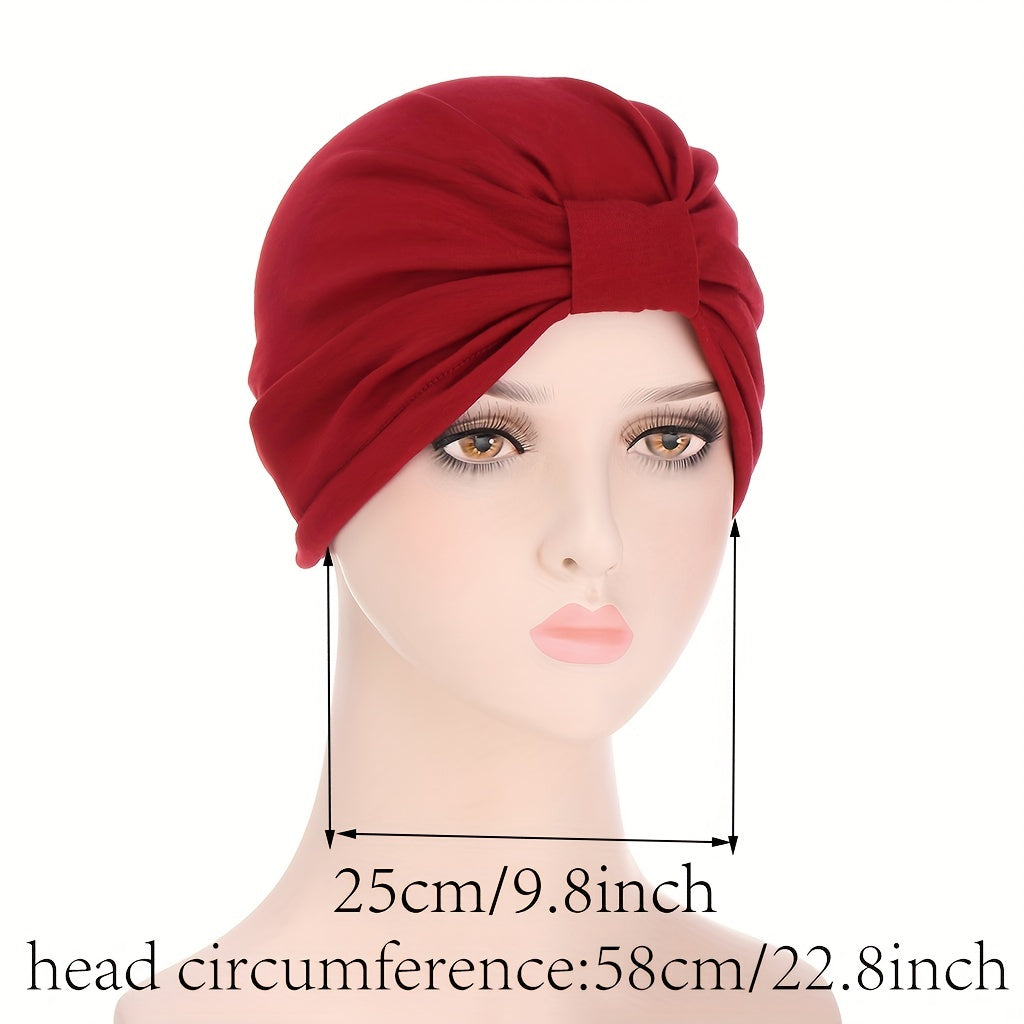 Pleated Square Knot Turban Hat Women Solid Hijab Hat Casual Elastic Head Wrap