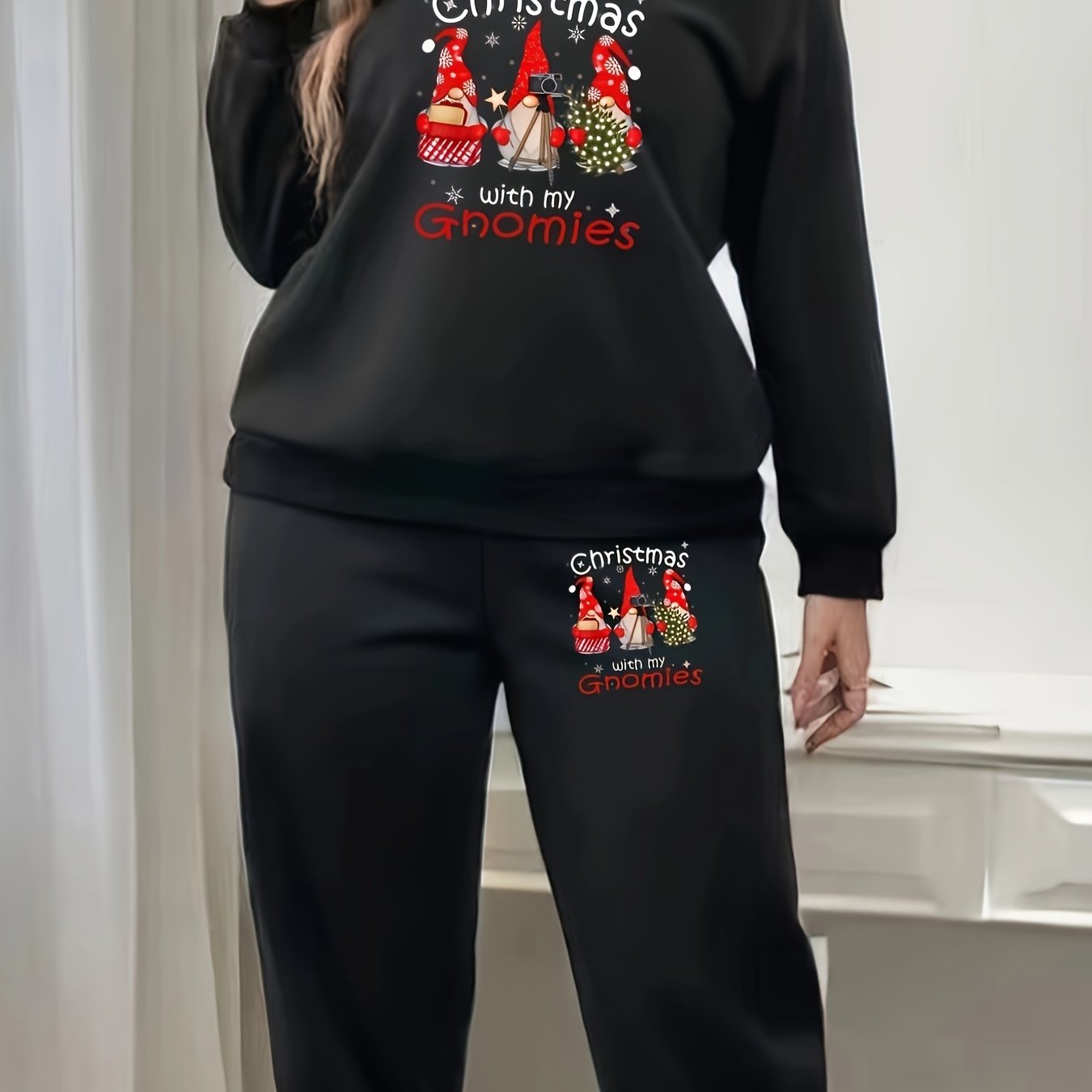 Gnomes & Snowflake Graphic Long Sleeve Top & Pants 2 Piece Set