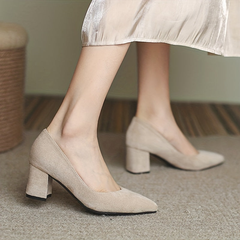Women's Chunky Heeled Court Pumps Classic Solid Pointed Toe Mid Heels