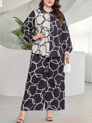 Geometric Print Button Up Blouse & Wide Leg Pants Set