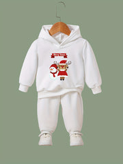 Reindeer Snowman Print Hoodie Jogger Pants Set for Girls Boys