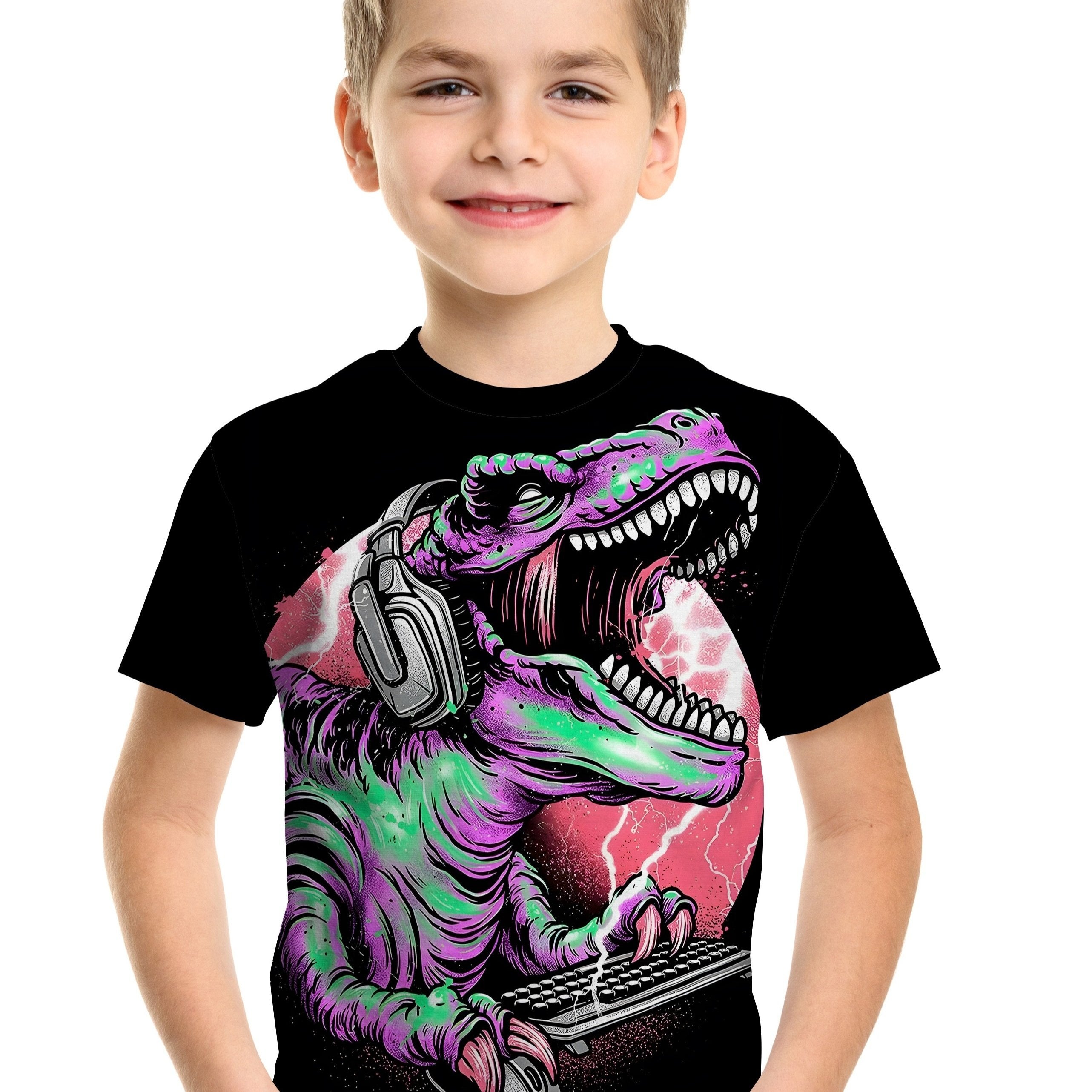 Dino Play Computer Print Boy's Casual Tees Short Sleeve T-shirt