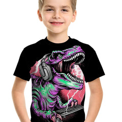 Dino Play Computer Print Boy's Casual Tees Short Sleeve T-shirt