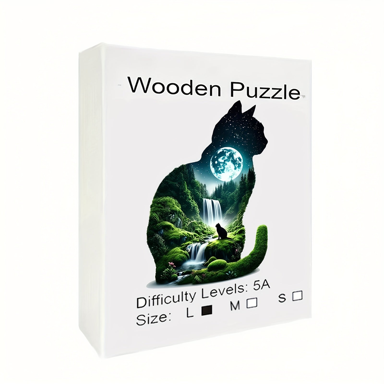 Moonlit Waterfall Cat Wooden Puzzle Challenging Brain Teaser for Adults