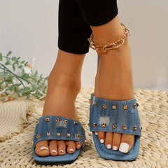 Women's Studded Flat Slides Denim Slide Sandals Square Open Toe