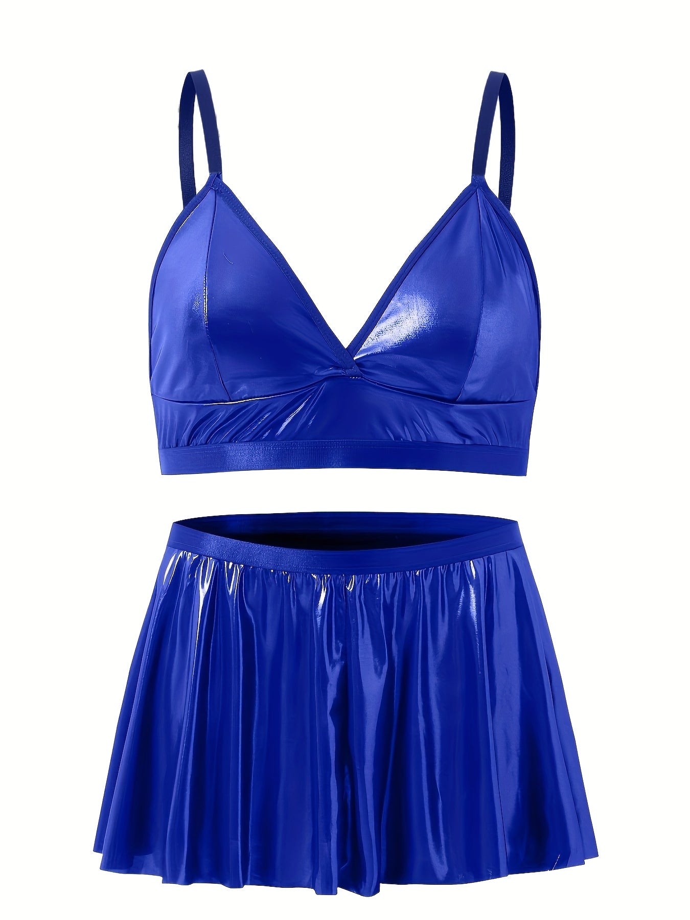 Metallic V Neck Bra & Pleated Mini Skirt Set