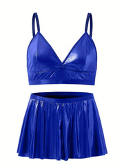 Metallic V Neck Bra & Pleated Mini Skirt Set