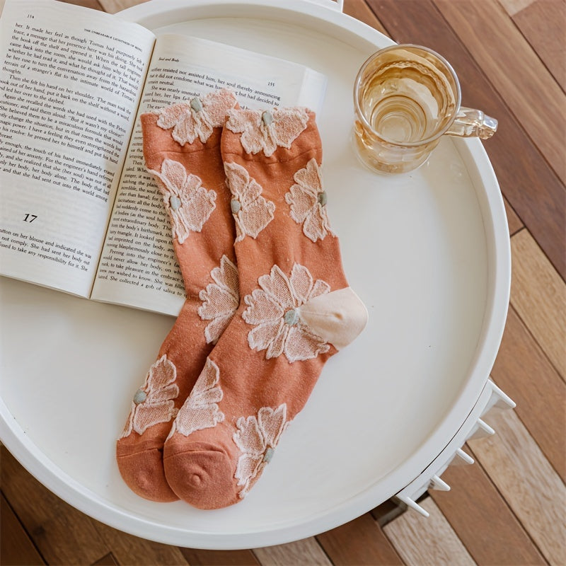 4 Pairs Floral Print Socks Retro Court Style Women's Stockings