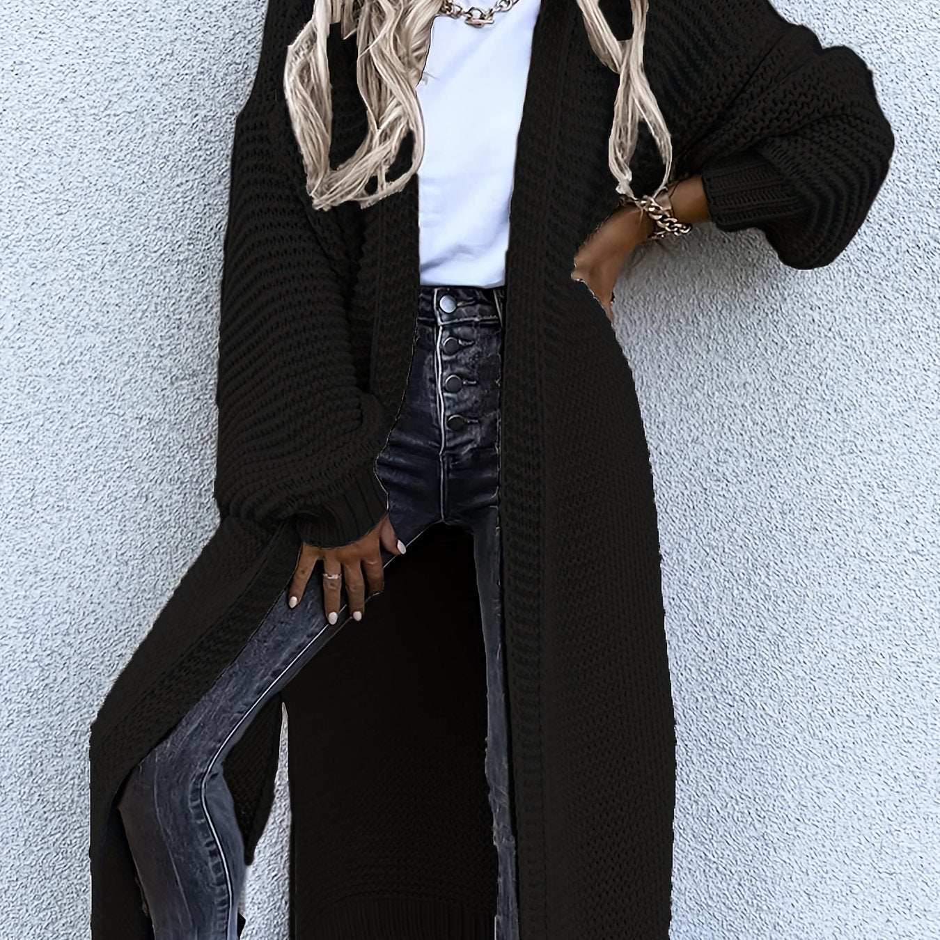 Solid Open Front Side Split Cardigan Casual Long Sleeve Cardigan