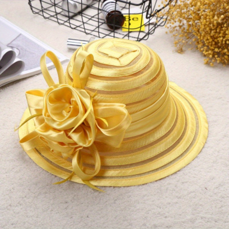 Mesh Breathable Organza Sun Hat Wide Brim Flower Decor UV Protection Bucket Hat