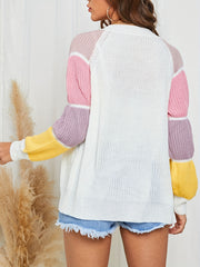 Block Knit Cardigan Open Front Lantern Sleeve Casual Sweater For Winter