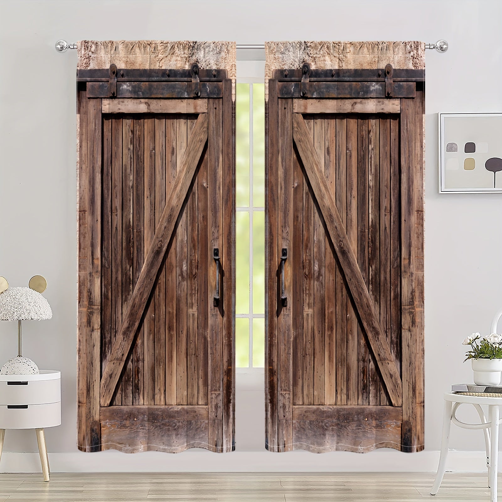 Rustic Barn Door Print Curtains Set of 2