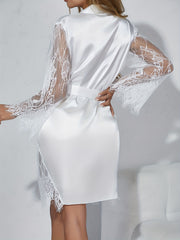 Lace Stitching Satin Night Robe Long Sleeve V Neck Women's Sleepwear
