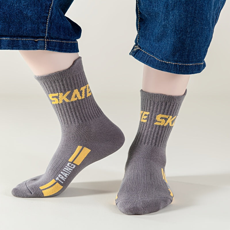 5 Pairs Boy's Striped Letter Crew Socks Cotton Blend Comfy Casual Style