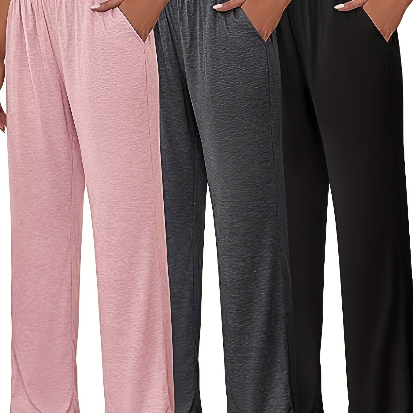 3 Pack Plus Size Sports Pants Set Women's Plus Solid Wide Waistband
